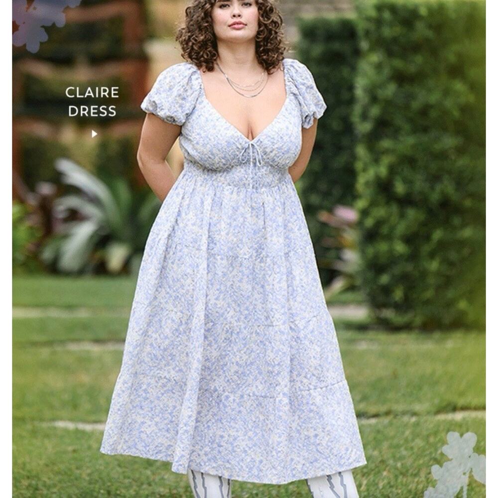 ARULA Claire Dress Floral Smocked Midi C Size 3X Puff Sleeve Eyelets Pockets